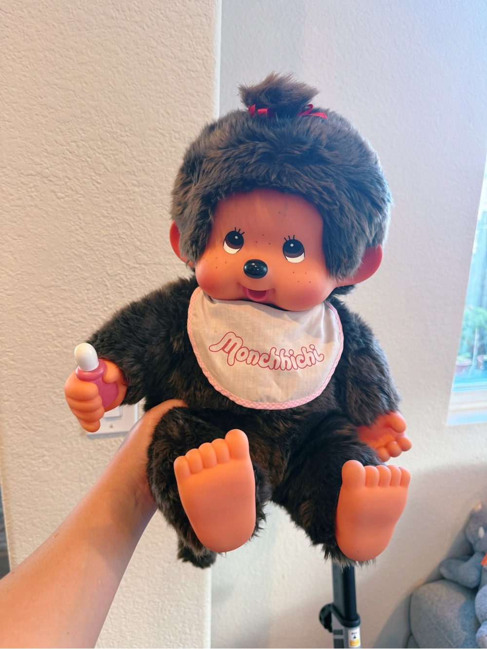 Large vintage Monchhichi girl doll in sitting position
